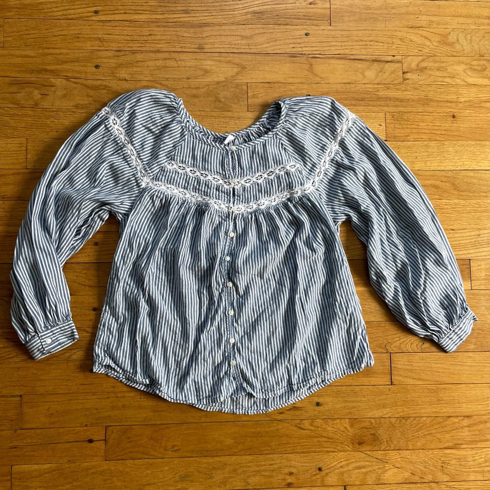 Old Navy Blue and White Striped Lace-Yoke Peasant Blouse